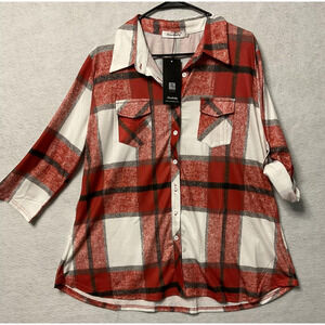 Ninedaily Shirt Womens 2XL Red White Plaid Button Up Tunic Top Pockets Casual